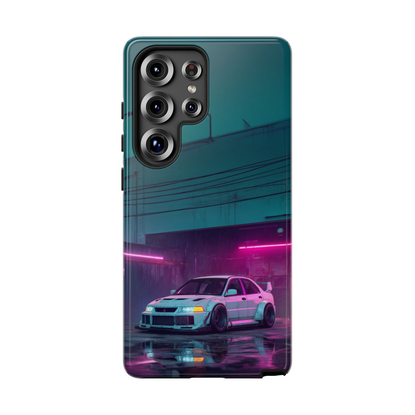 JDM Neon Garage Phone Case – Mitsubishi Lancer Evo Drift Art for iPhone & Samsung
