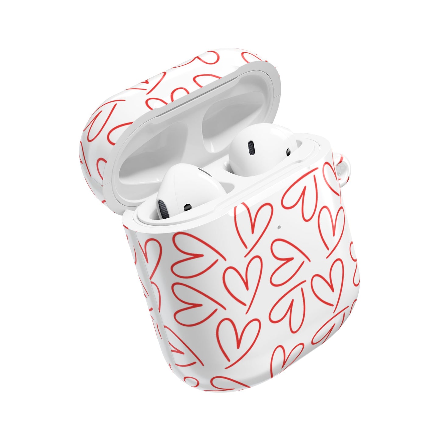 Front angle of glossy AirPods case in white with red heart design, shown open with AirPods inside – stylish and protective