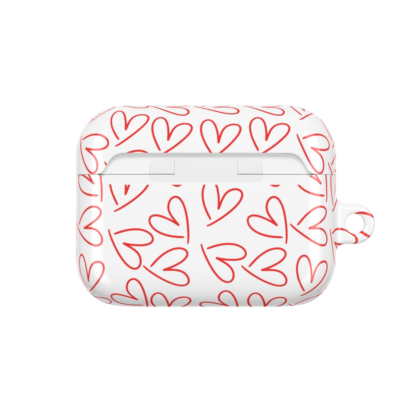 Close-up rear view of glossy white AirPods case featuring red heart pattern and built-in loop for attaching a carabiner or keychain