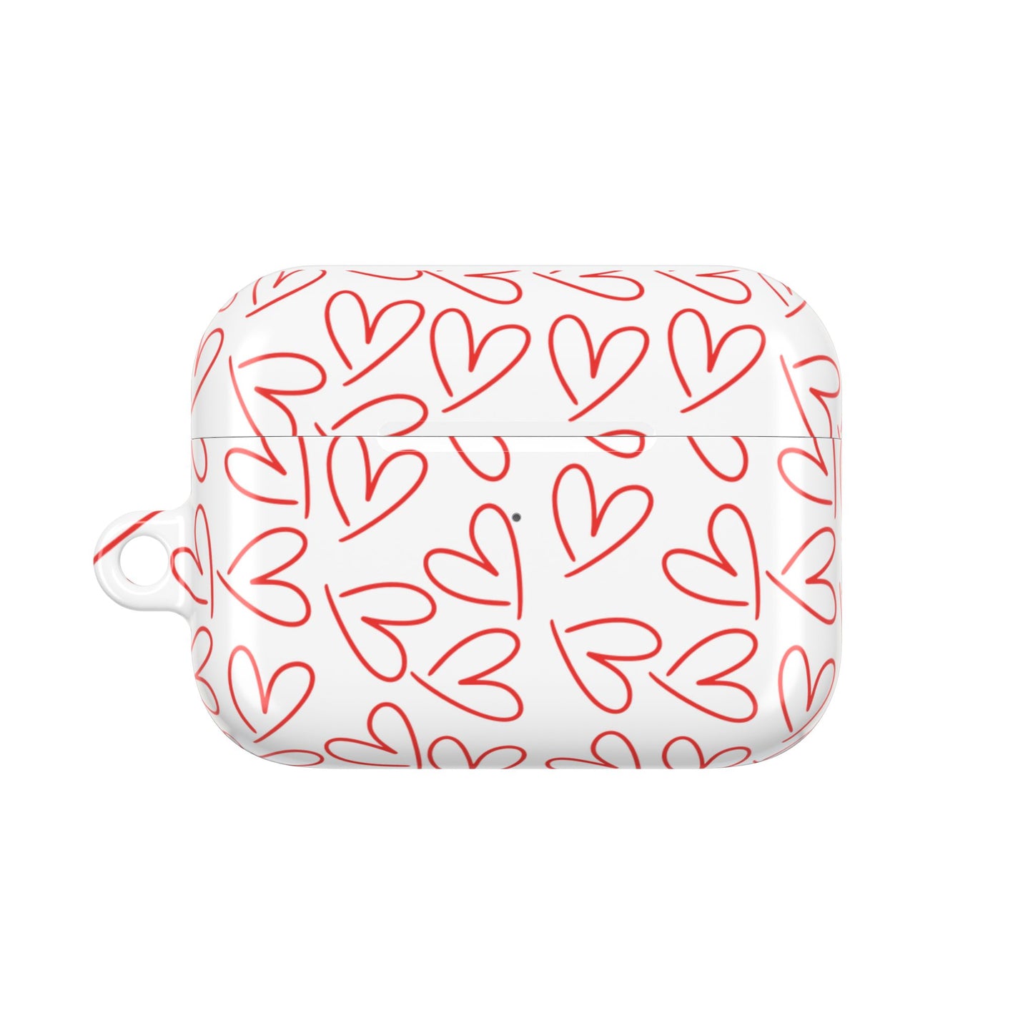 Back side of glossy white AirPods case with red heart print pattern, showing carabiner loop and seamless protective fit