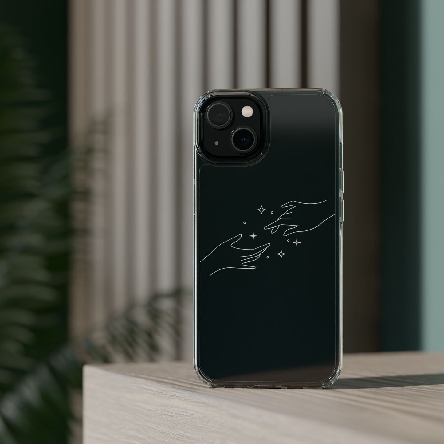 Aesthetic clear iPhone case with minimal hand illustration and star accents – elegant line art design on transparent cover