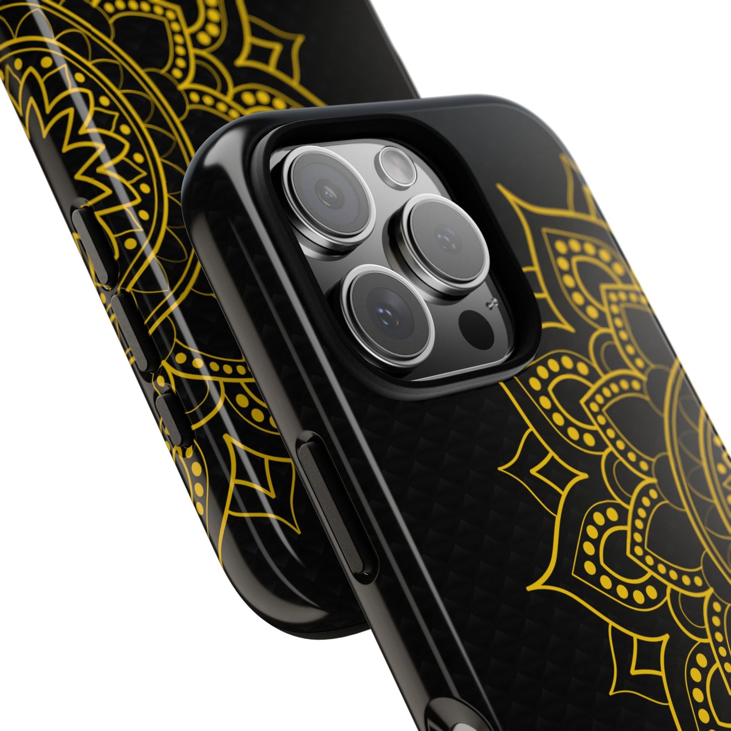 Close-up of black glossy phone case with golden mandala design — boho spiritual protective cover