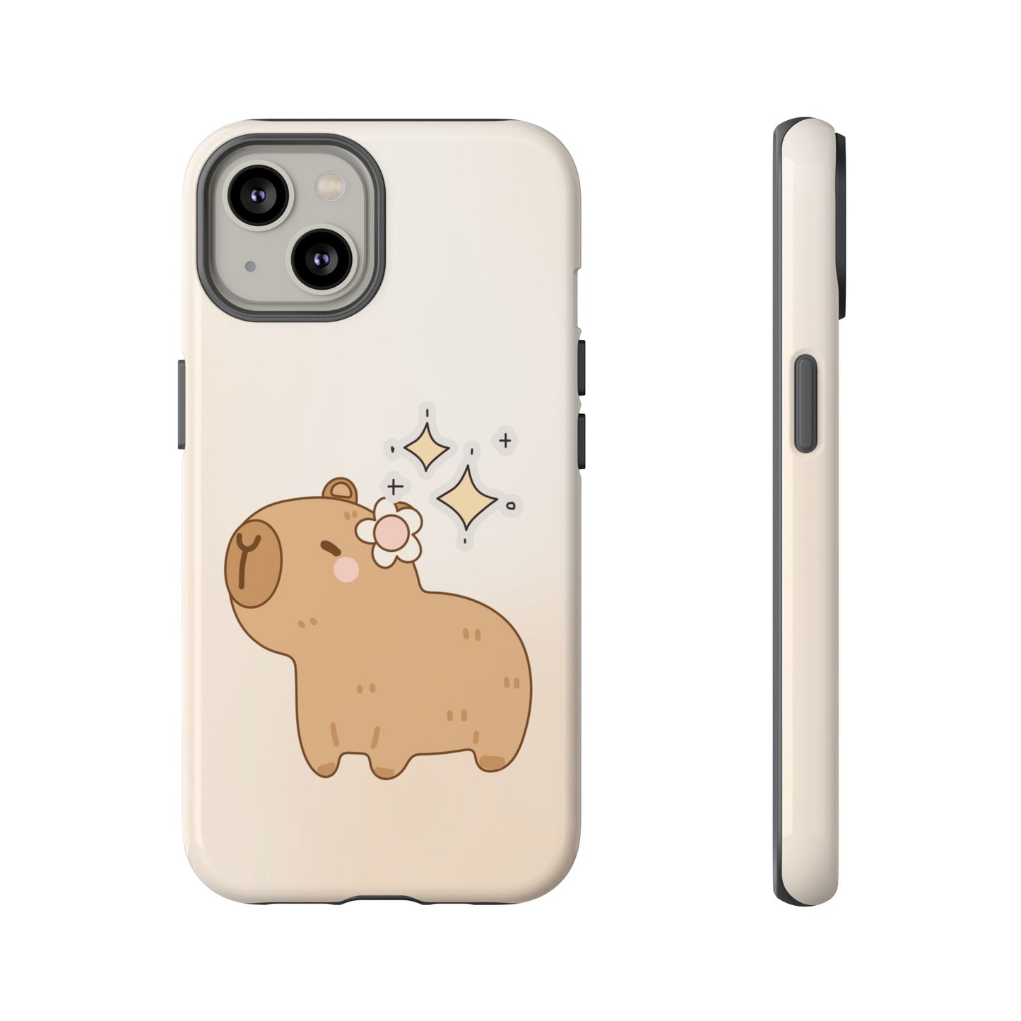 Kawaii capybara cartoon phone case with sparkles and flower design – soft beige animal cover compatible with iPhone, Samsung, and Google Pixel