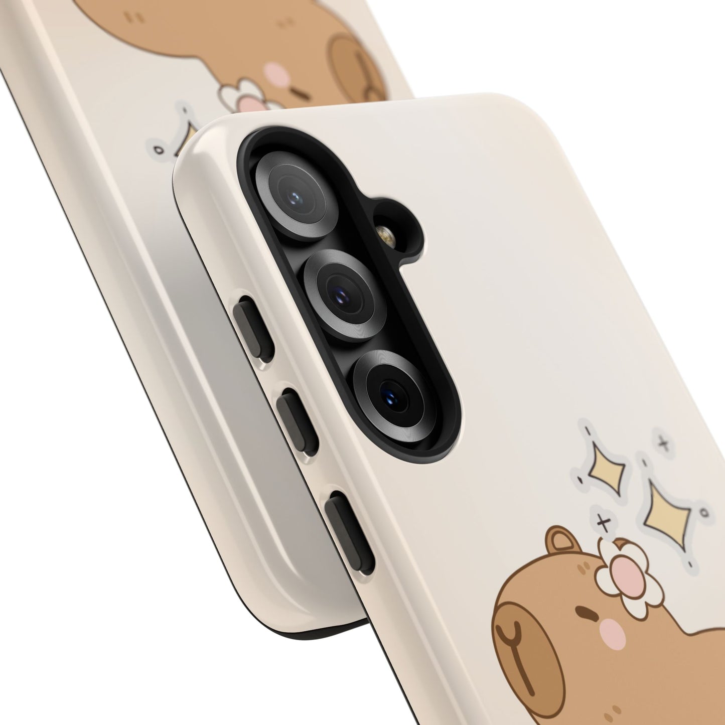 Close-up of kawaii capybara cartoon phone case with sparkles – beige animal-themed cover showing detailed side and camera protection for iPhone, Samsung, and Pixel