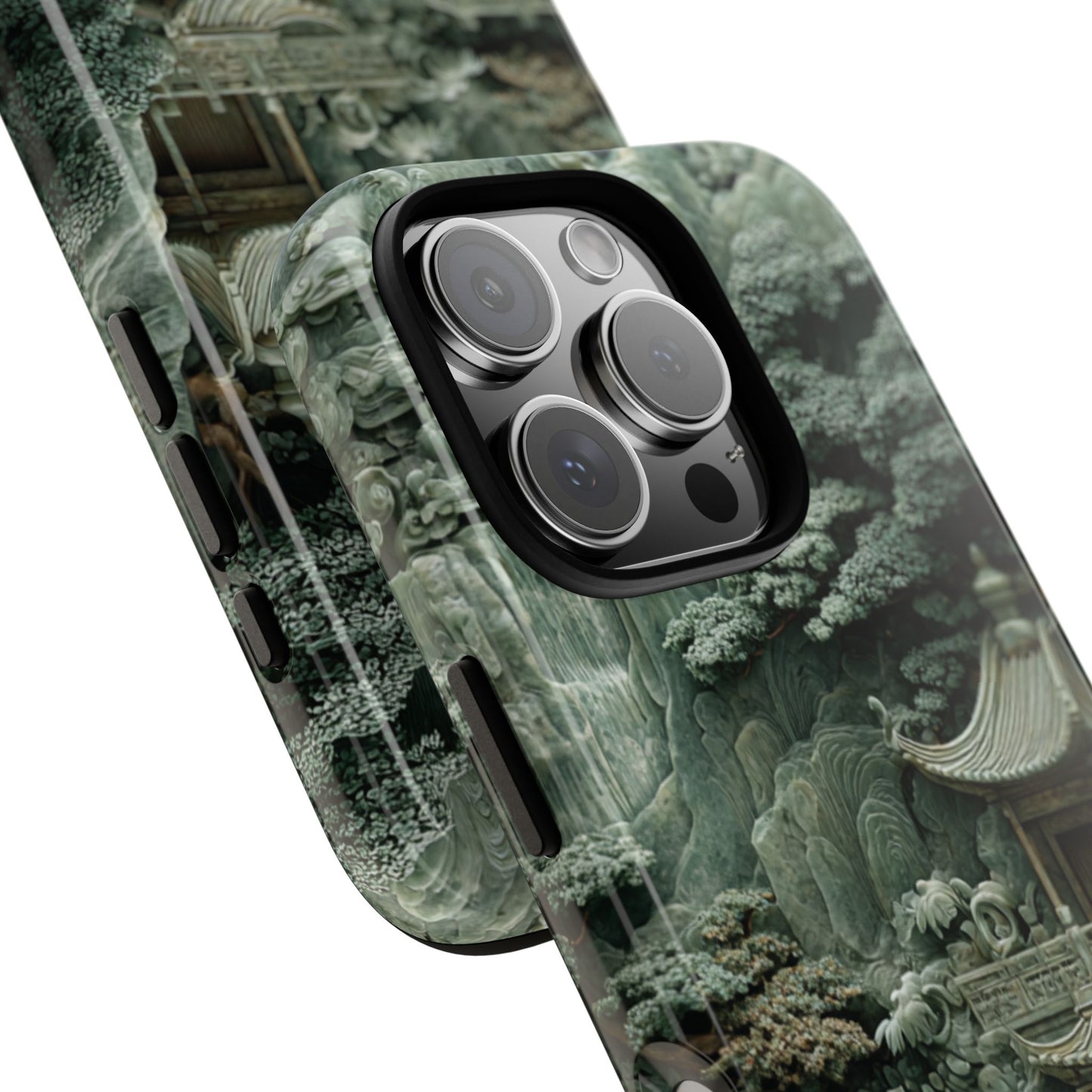 iPhone case side view featuring green Chinese temple and mountain landscape in jade stone texture design