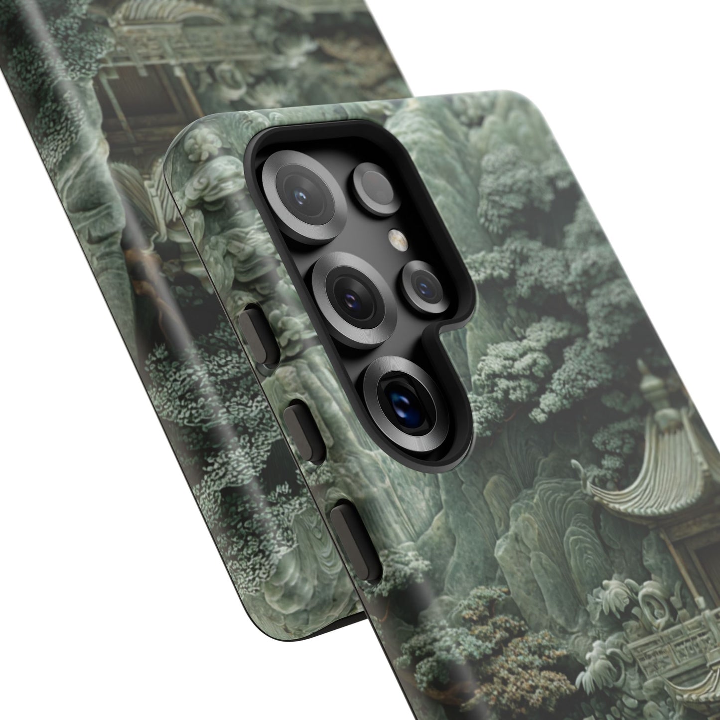 Side view of Samsung phone case with green Chinese temple landscape and jade stone texture, traditional style design
