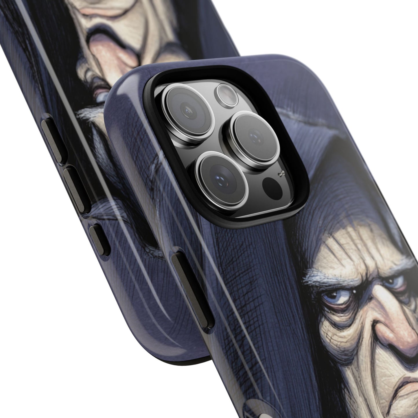 Dual iPhone mockup of gothic villain phone case – angled view showing full wrap design, button coverage, and dark fantasy antihero artwork