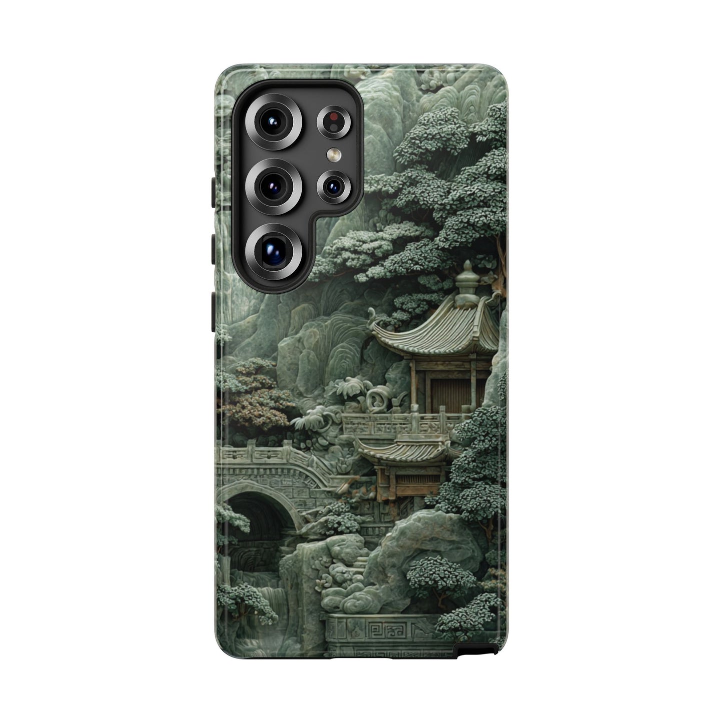 Samsung phone case featuring intricate green Chinese temple and mountain landscape design with jade texture