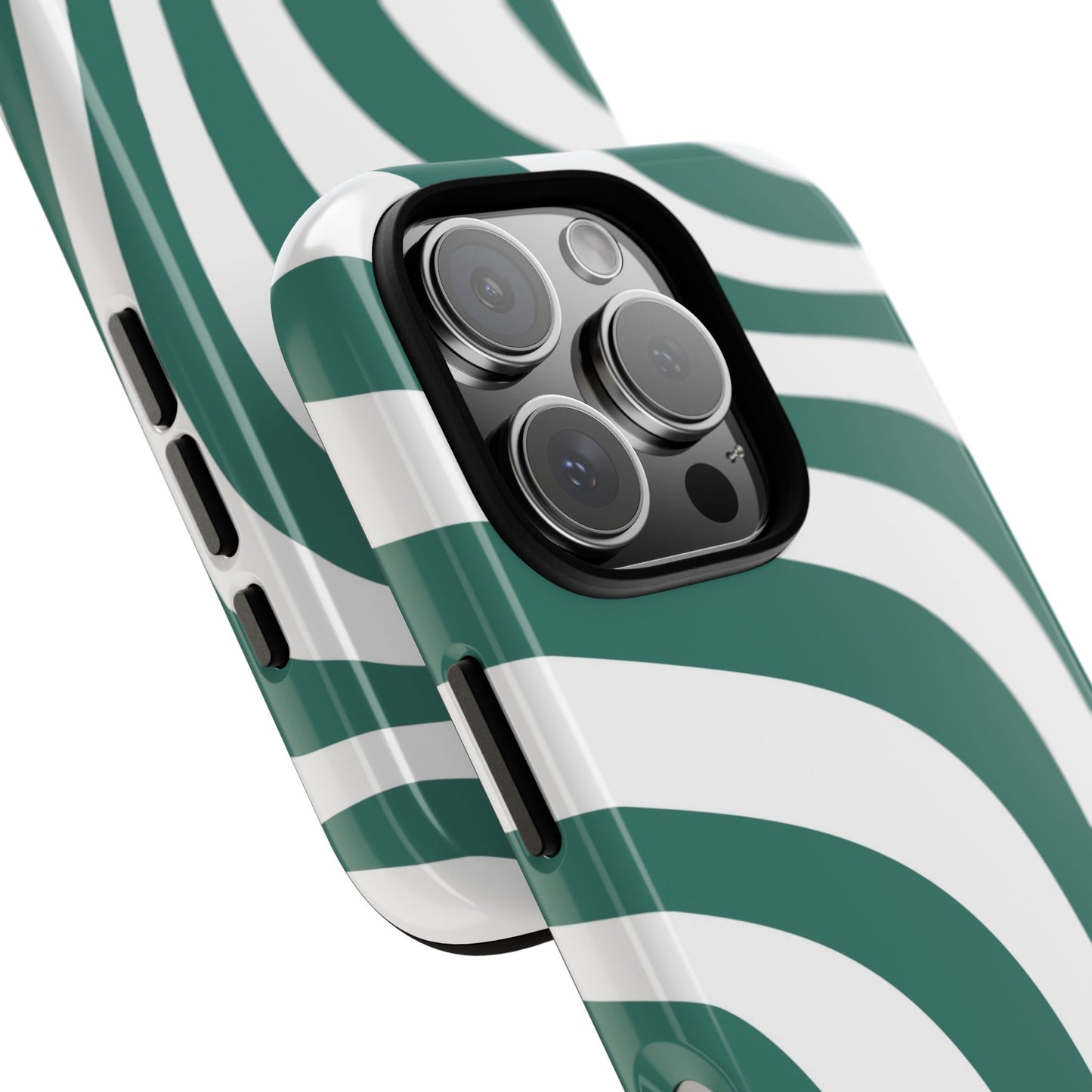 Close-up side view of iPhone case with green and white retro wave pattern – sleek protective phone cover design