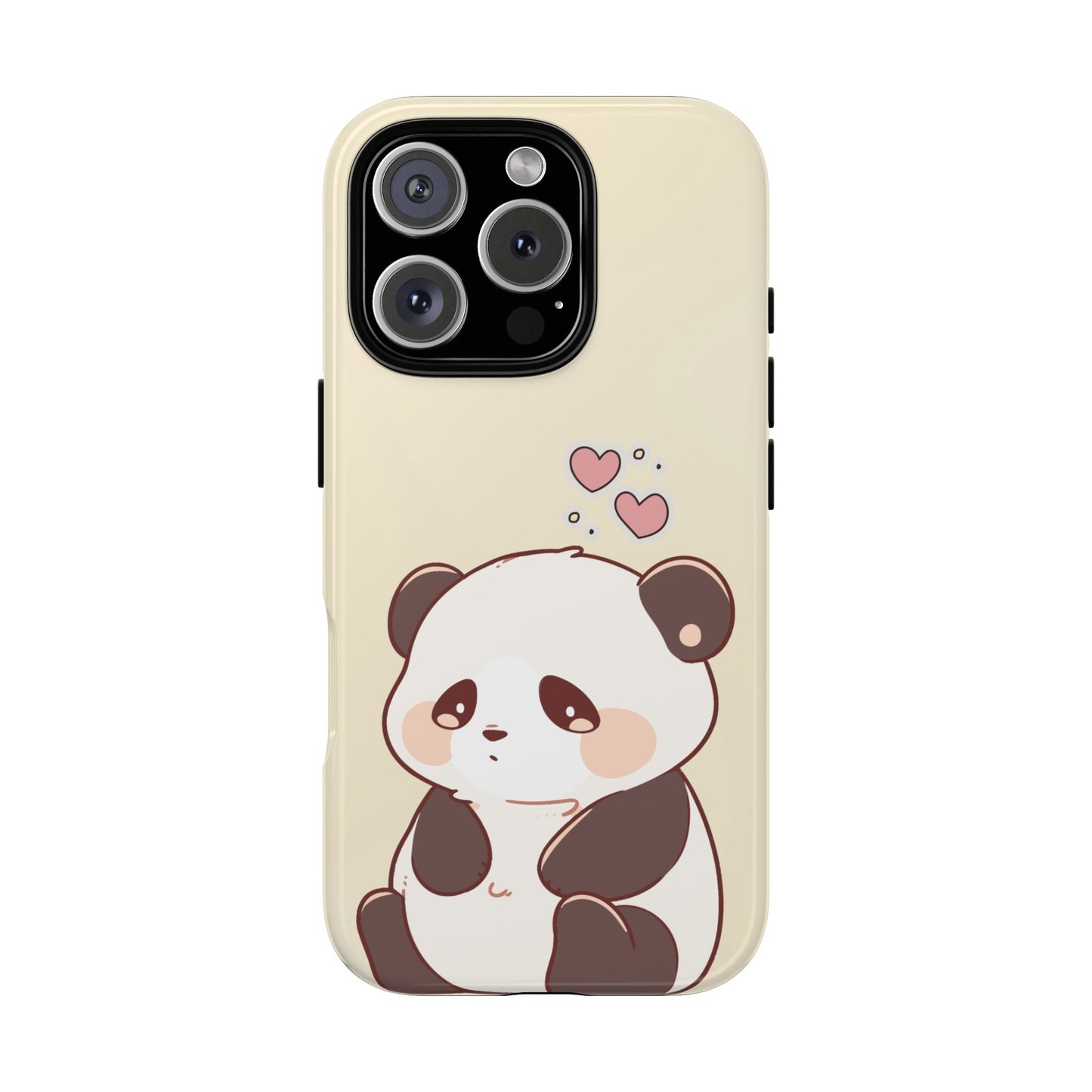 Cute kawaii panda iPhone case with blushing cartoon bear and pink hearts – adorable pastel phone cover for animal lovers and soft aesthetic fans