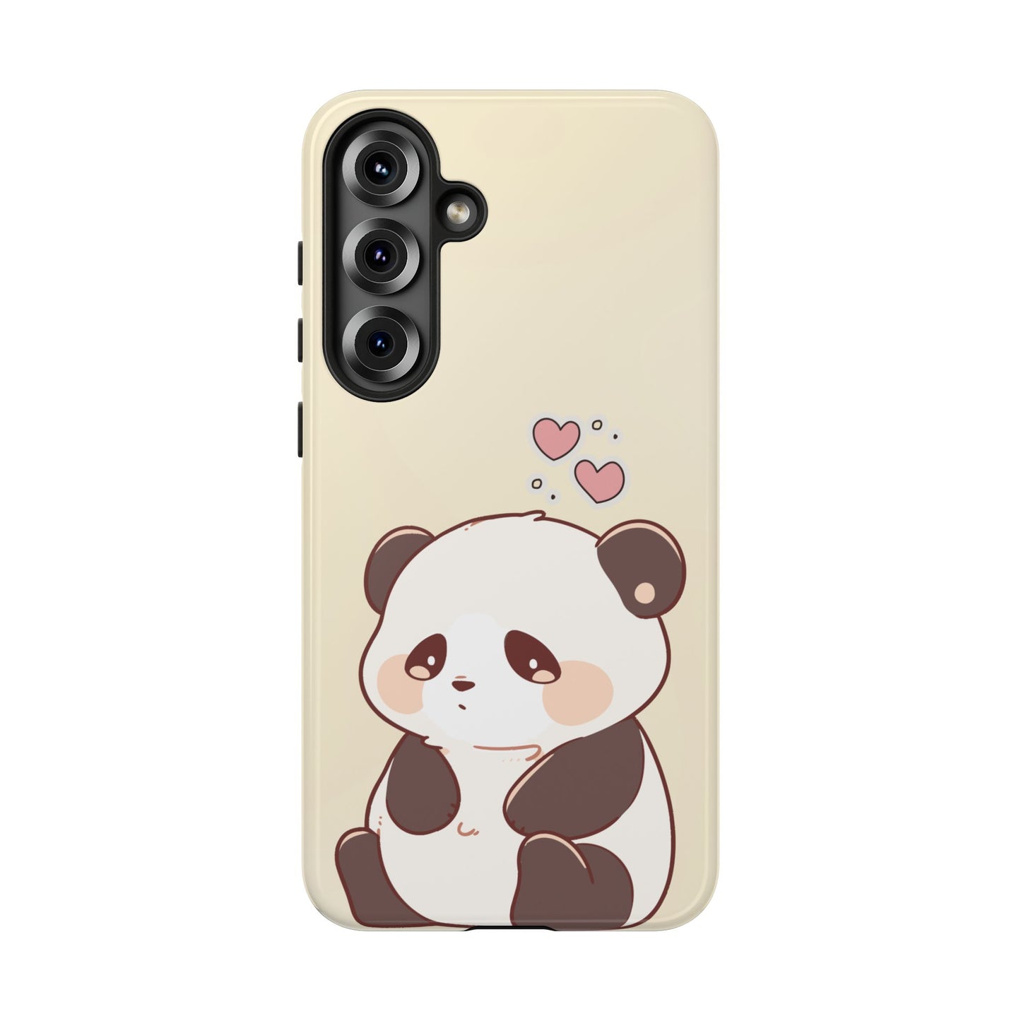 Front view of kawaii panda Samsung phone case – beige cover with cute cartoon bear and pink hearts for pastel aesthetic and animal lovers