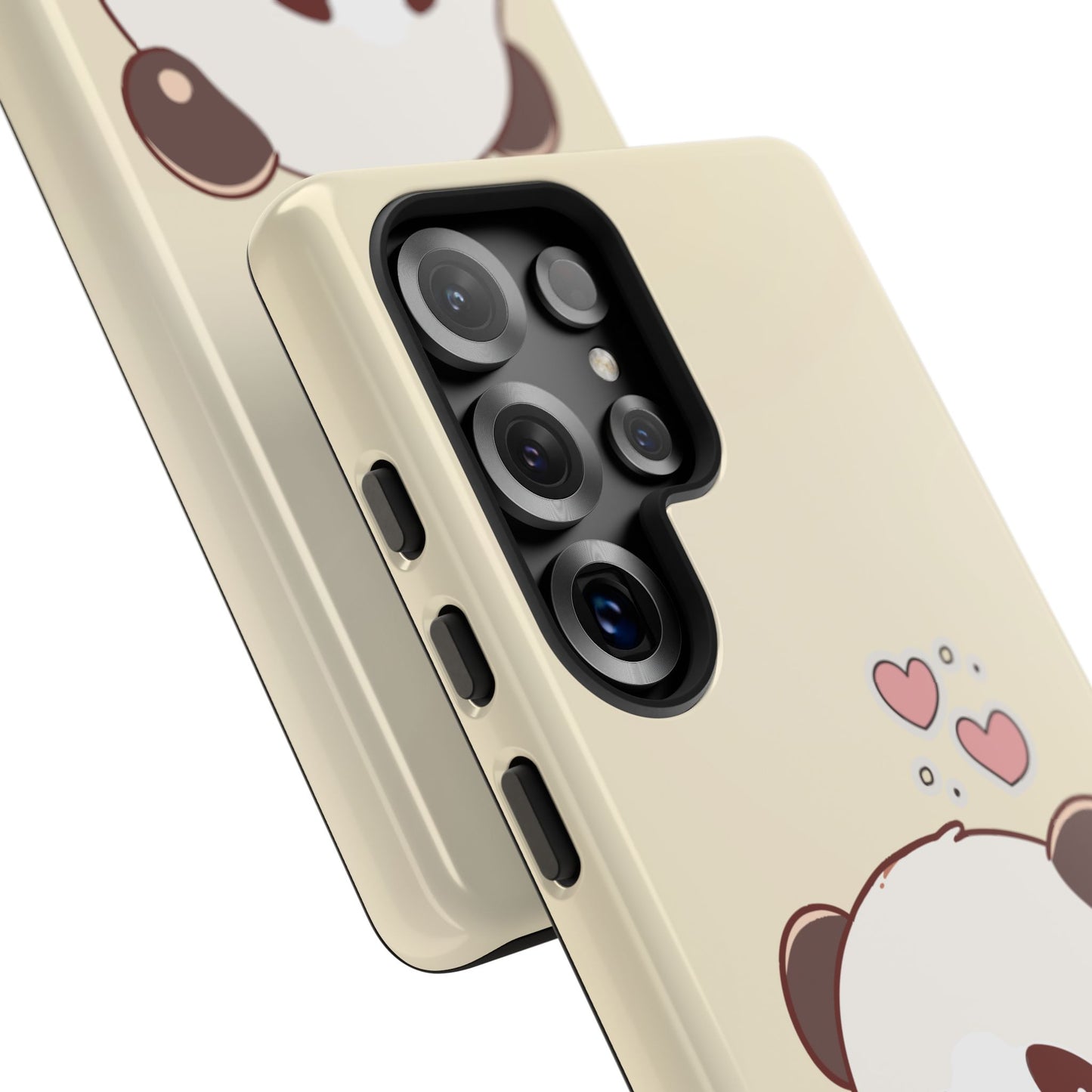 Angled close-up of kawaii panda Samsung phone case – beige cover with pink hearts and cute cartoon bear design showing side buttons and soft aesthetic
