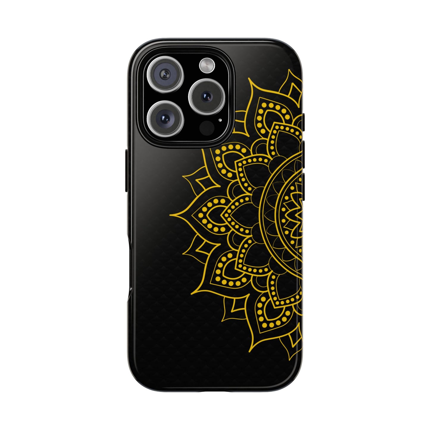 Elegant black iPhone case with intricate gold mandala design – artistic boho spiritual pattern for modern minimalists