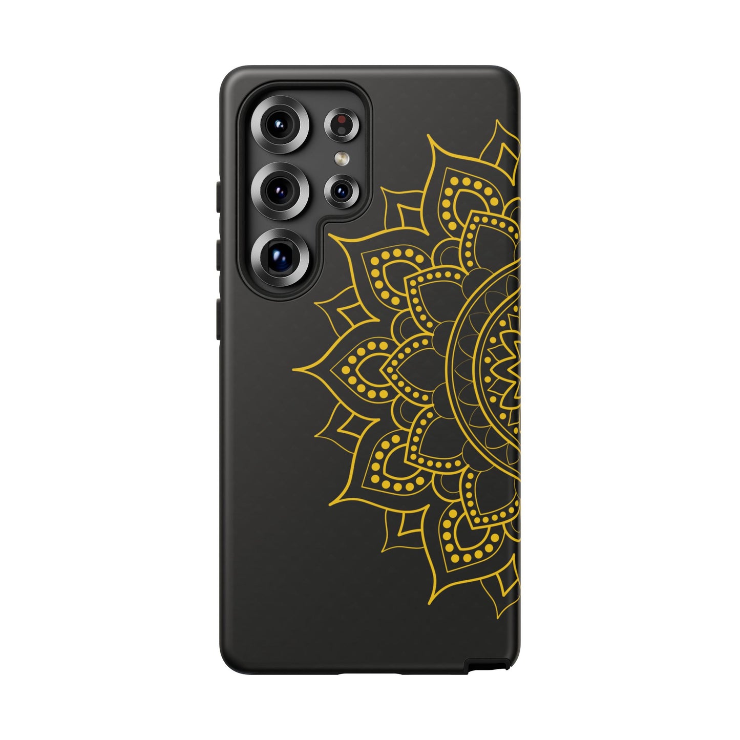 Samsung phone case with intricate golden mandala design on black matte finish, spiritual boho style