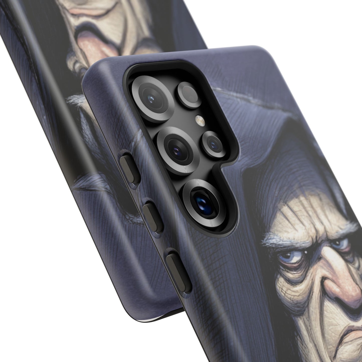 Side view of Samsung gothic villain phone case – angled shot showing dark hooded antihero design and shockproof edges for fantasy and gothic style fans