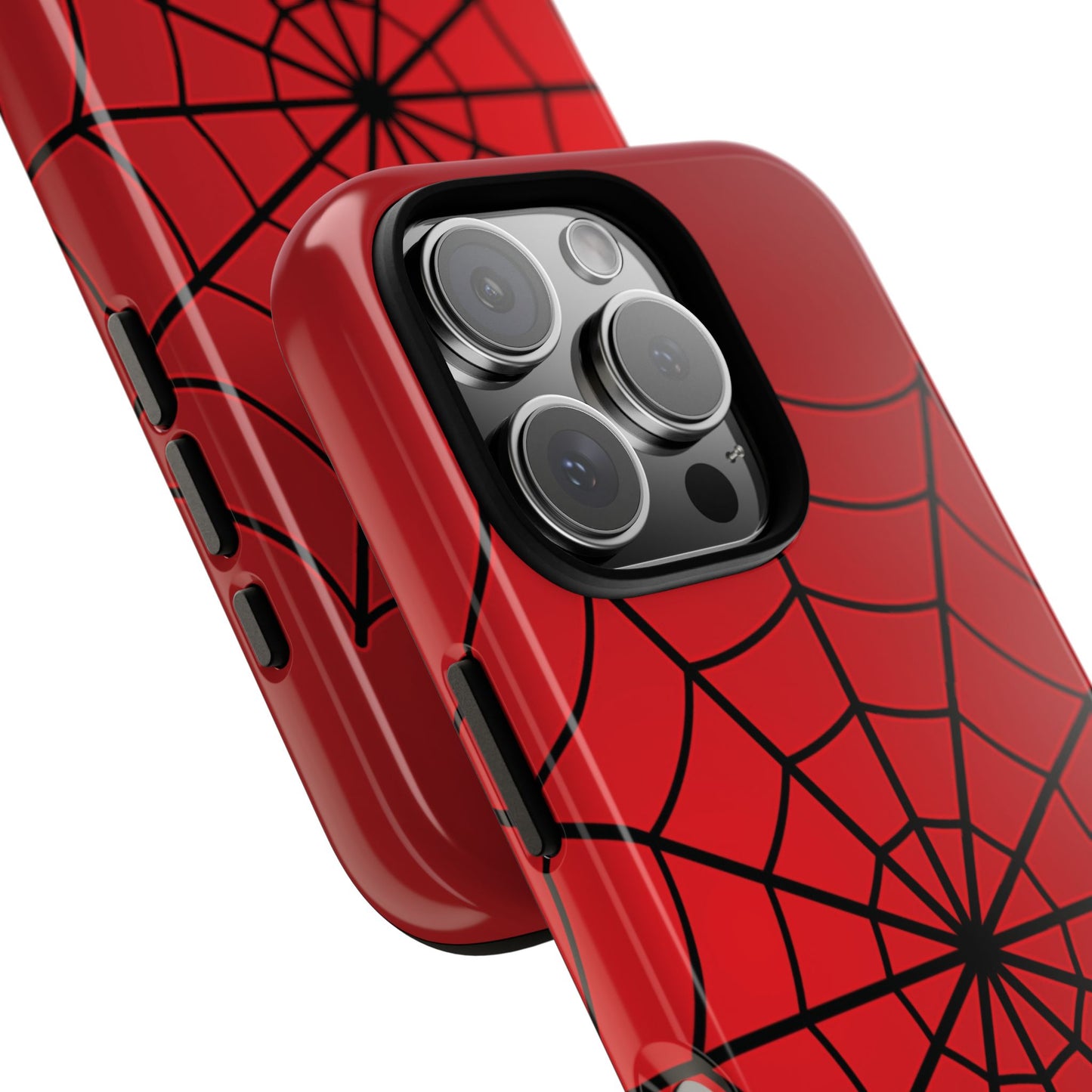 Close-up dual view of red spiderweb iPhone case – superhero-style design showing camera protection, side buttons, and bold comic-inspired print