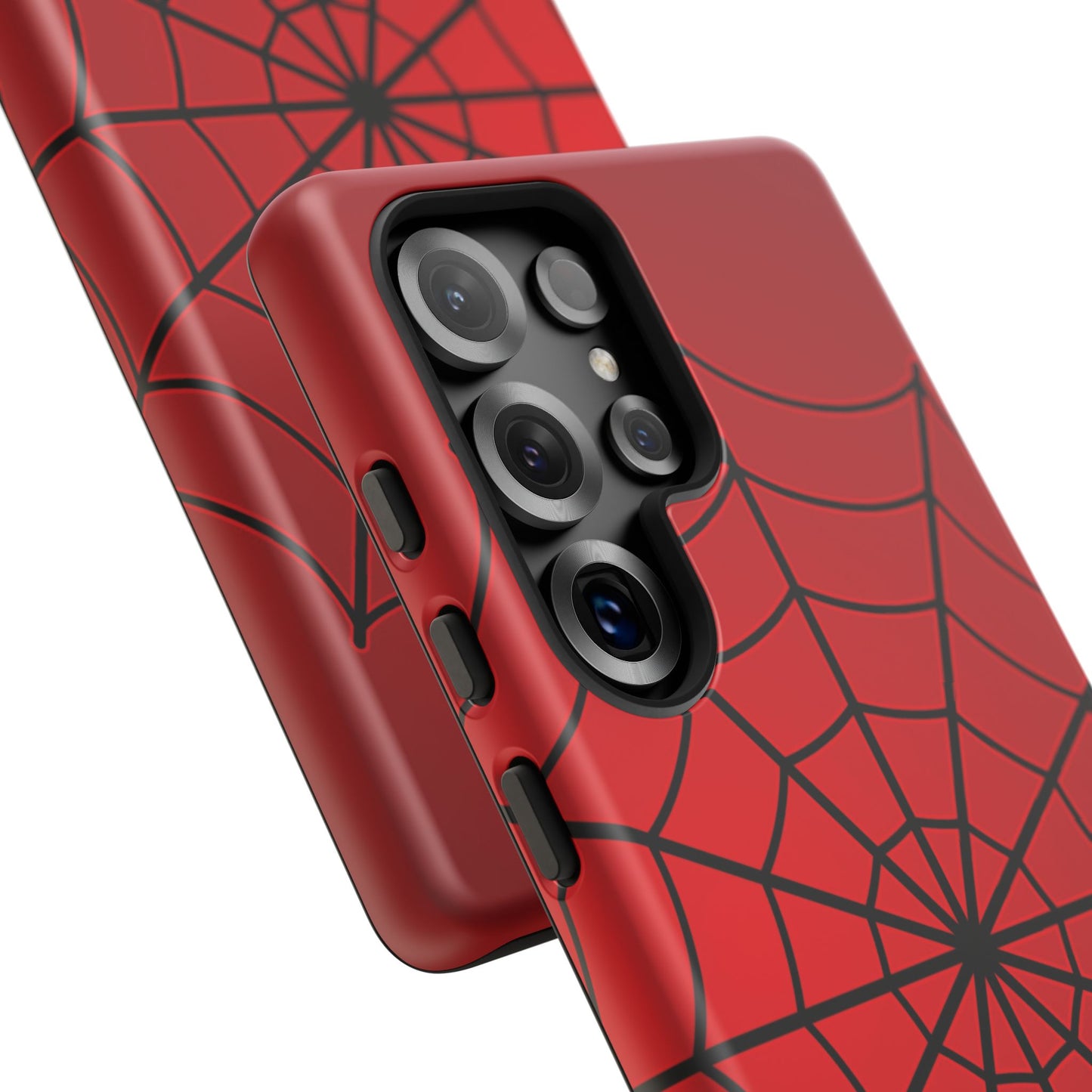 Side angle view of red spiderweb Samsung phone case – bold superhero-style design with full wrap print and camera cutouts for comic fans