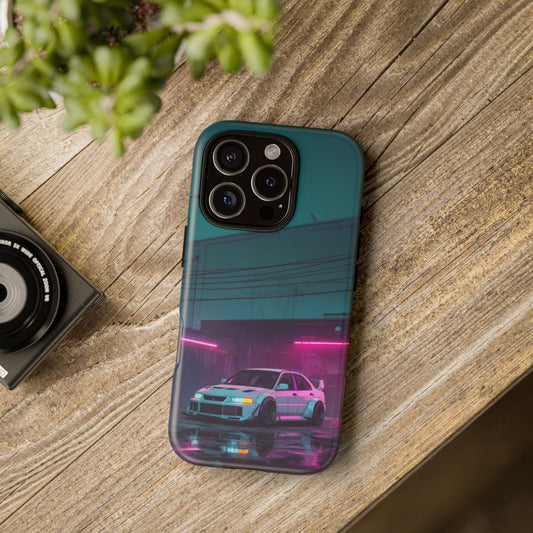 JDM Neon Garage Phone Case – Mitsubishi Lancer Evo Drift Art for iPhone & Samsung