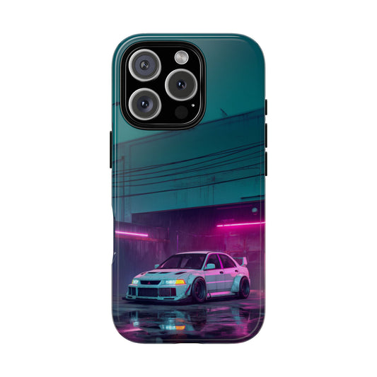 JDM Neon Garage Phone Case – Mitsubishi Lancer Evo Drift Art for iPhone & Samsung