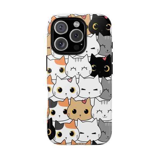 Cute cartoon cat iPhone case featuring colorful kitty faces with heart accents – kawaii phone cover for cat lovers and pet gift shopp