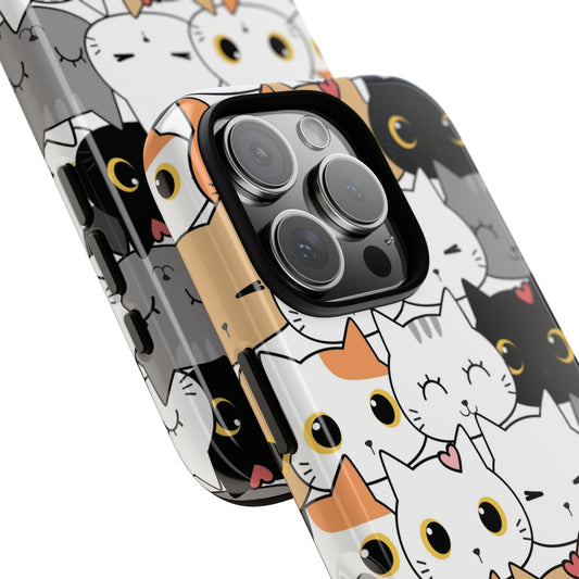 Detailed view of cartoon cat iPhone case with playful kitten faces and heart accents – fun gift for animal lovers