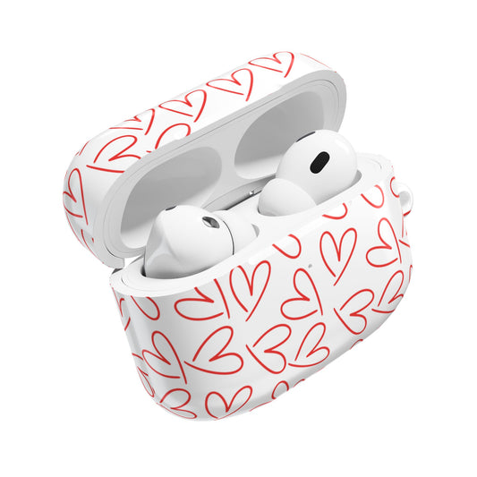 Glossy white AirPods case featuring red heart pattern design, protective hard shell with carabiner clip – ideal gift for lovers and minimalists