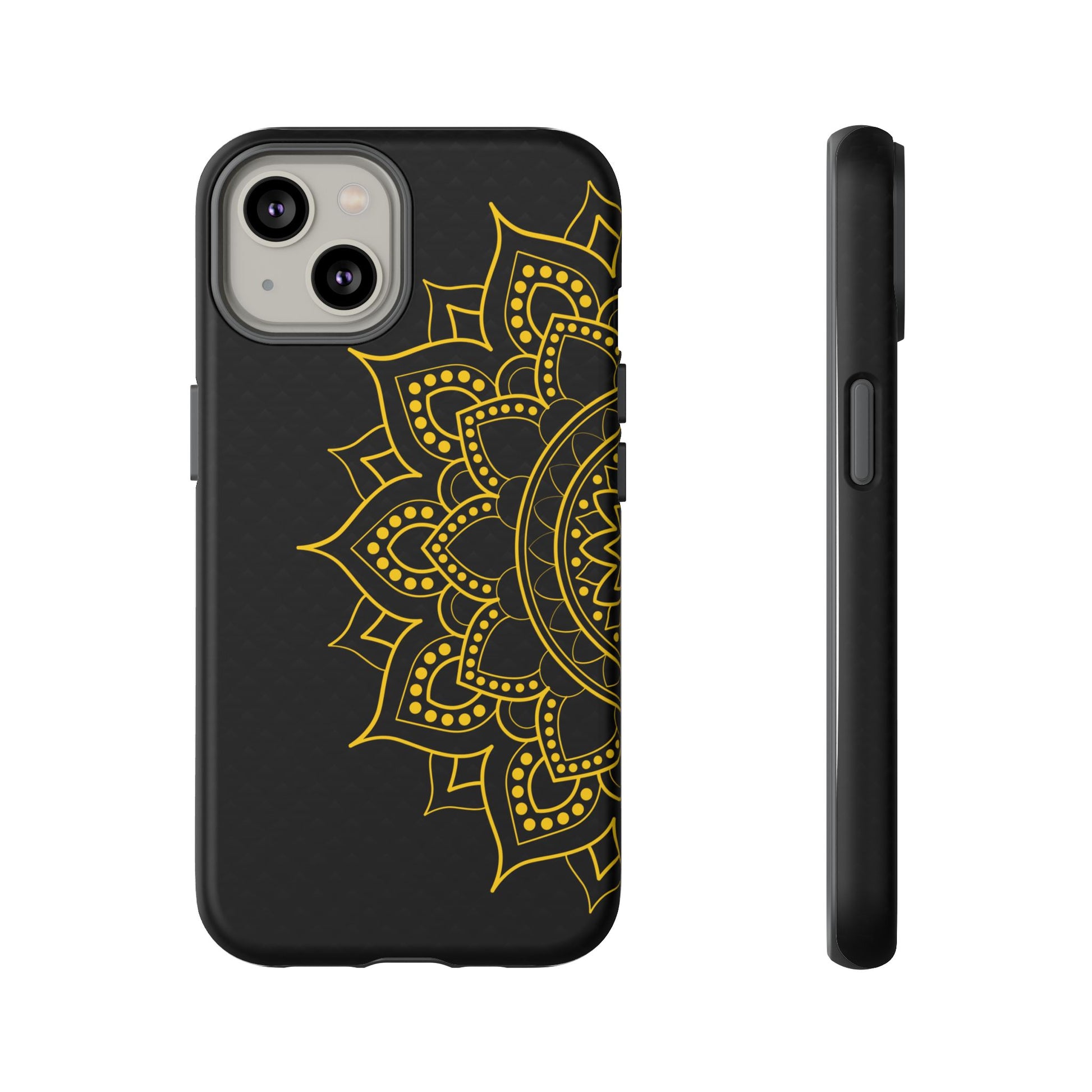 Side view of black iPhone case with gold mandala pattern – boho chic and minimalist protective phone cover