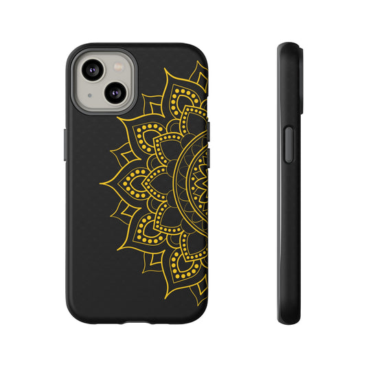 Side view of black iPhone case with gold mandala pattern – boho chic and minimalist protective phone cover