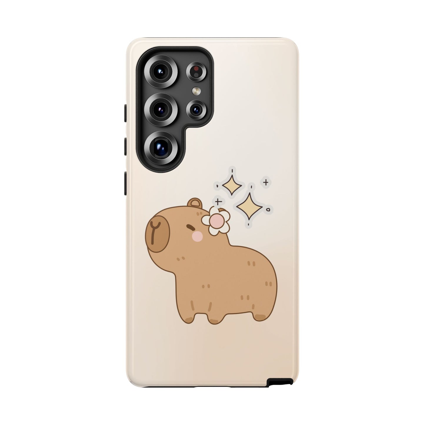 Cute capybara cartoon phone case with flower and sparkles on beige background – kawaii animal design for Samsung Galaxy and other Android models