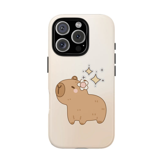 Cute kawaii capybara cartoon phone case with flower and sparkles design – aesthetic beige iPhone, Samsung, and Pixel cover for animal lovers