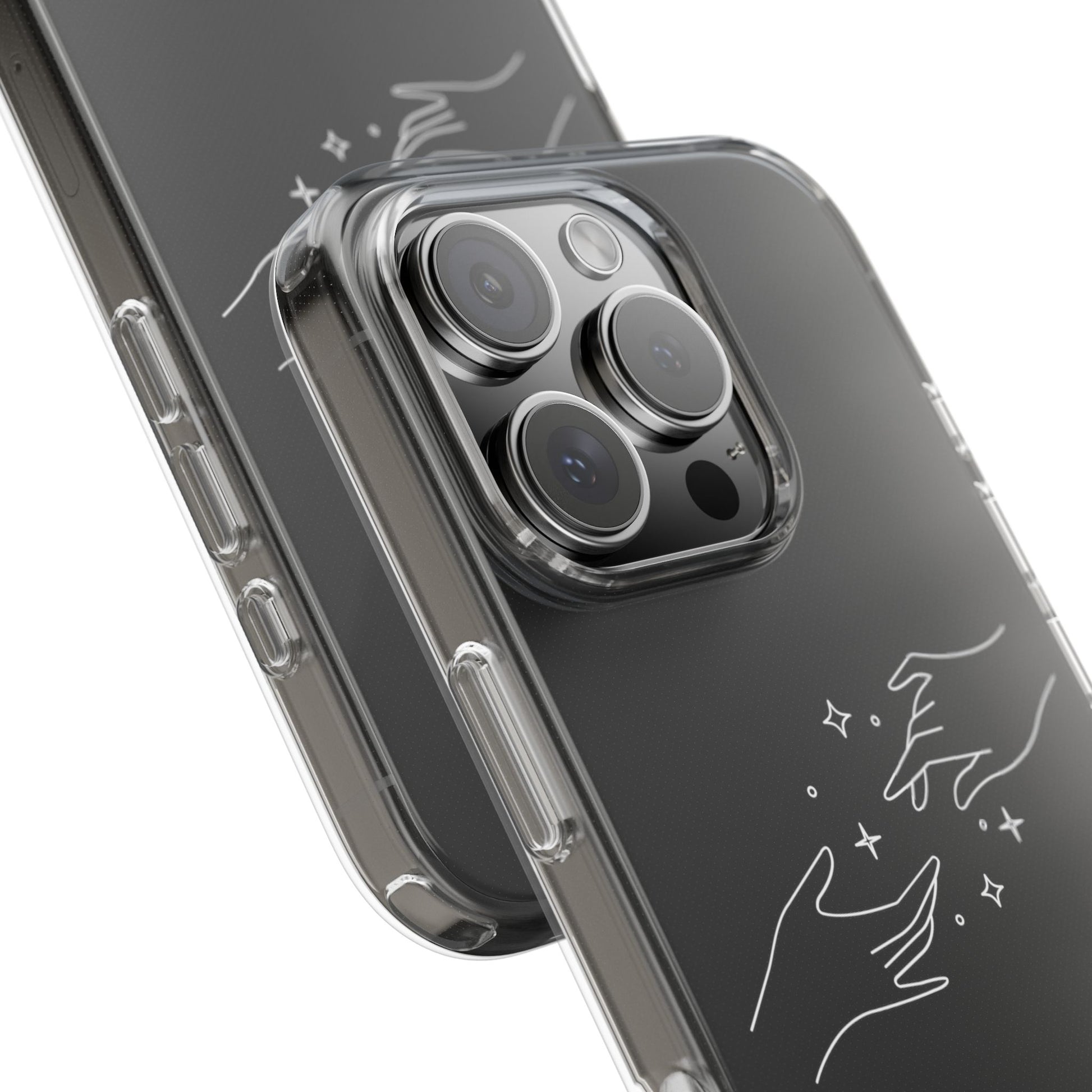 Clear iPhone case with minimalist hands and stars line art – front and side view showcasing sleek protective design and aesthetic artwork
