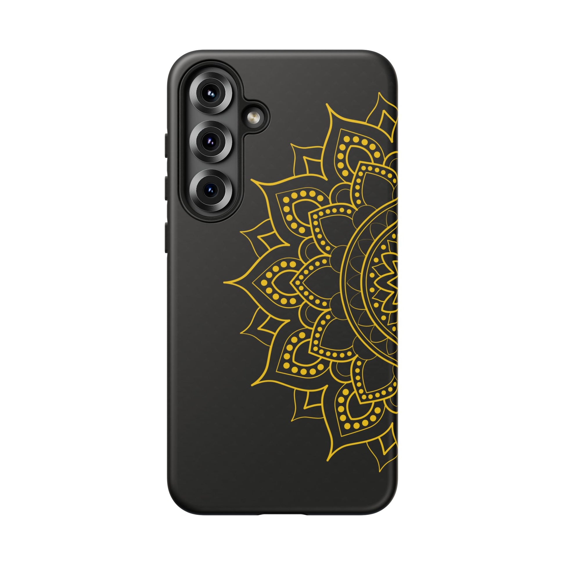Elegant black Samsung phone case featuring golden mandala floral design on white background