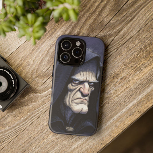Gothic villain iPhone case on wood background – lifestyle photo showing dark hooded antihero phone cover for fantasy fans and edgy aesthetics