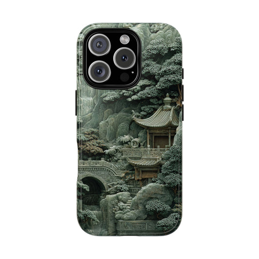 iPhone mockup featuring green jade Chinese temple phone case on wooden table with natural light, showcasing intricate 3D oriental landscape design