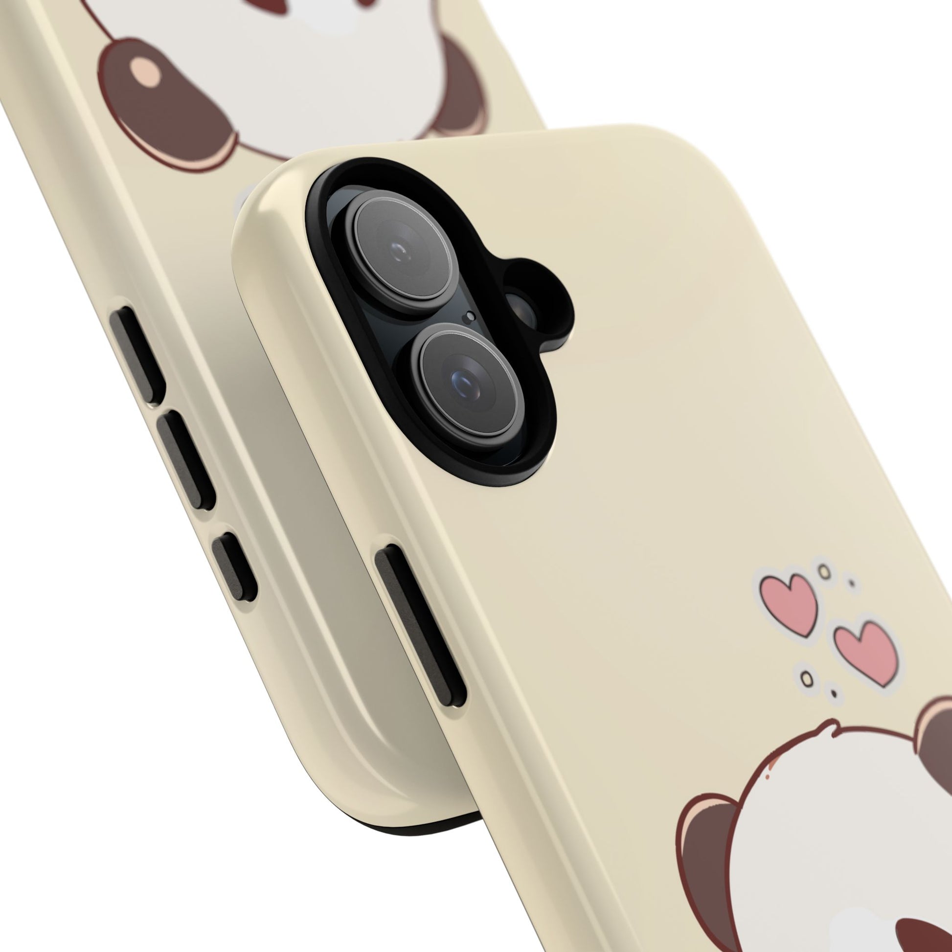 Side view of kawaii panda iPhone case with pink hearts – pastel phone cover showing edge details and cute cartoon bear design for animal lovers