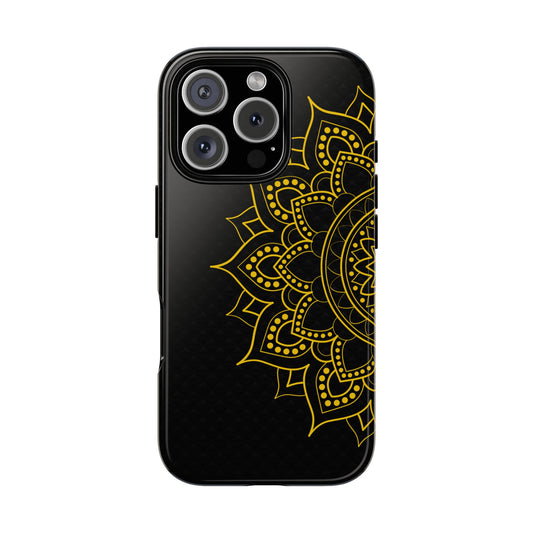 Elegant black iPhone case with intricate gold mandala design – artistic boho spiritual pattern for modern minimalists