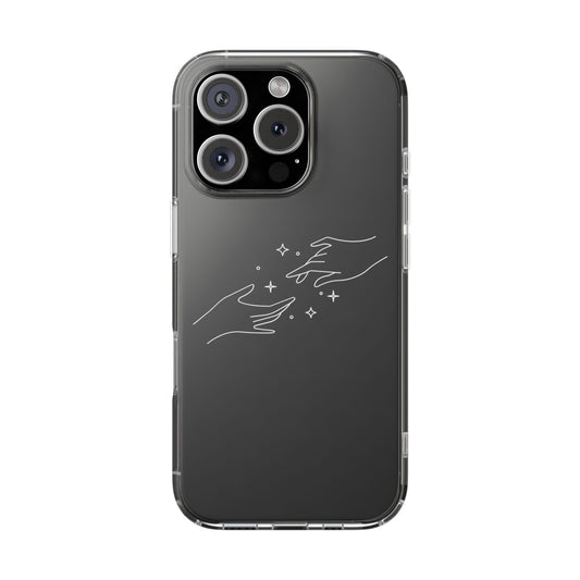 Minimalist clear phone case featuring abstract hand illustration with stars – aesthetic line art design for iPhone and Samsung