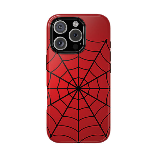 Red iPhone case with black spiderweb design – bold superhero-inspired phone cover for comic fans and minimal pop culture lovers