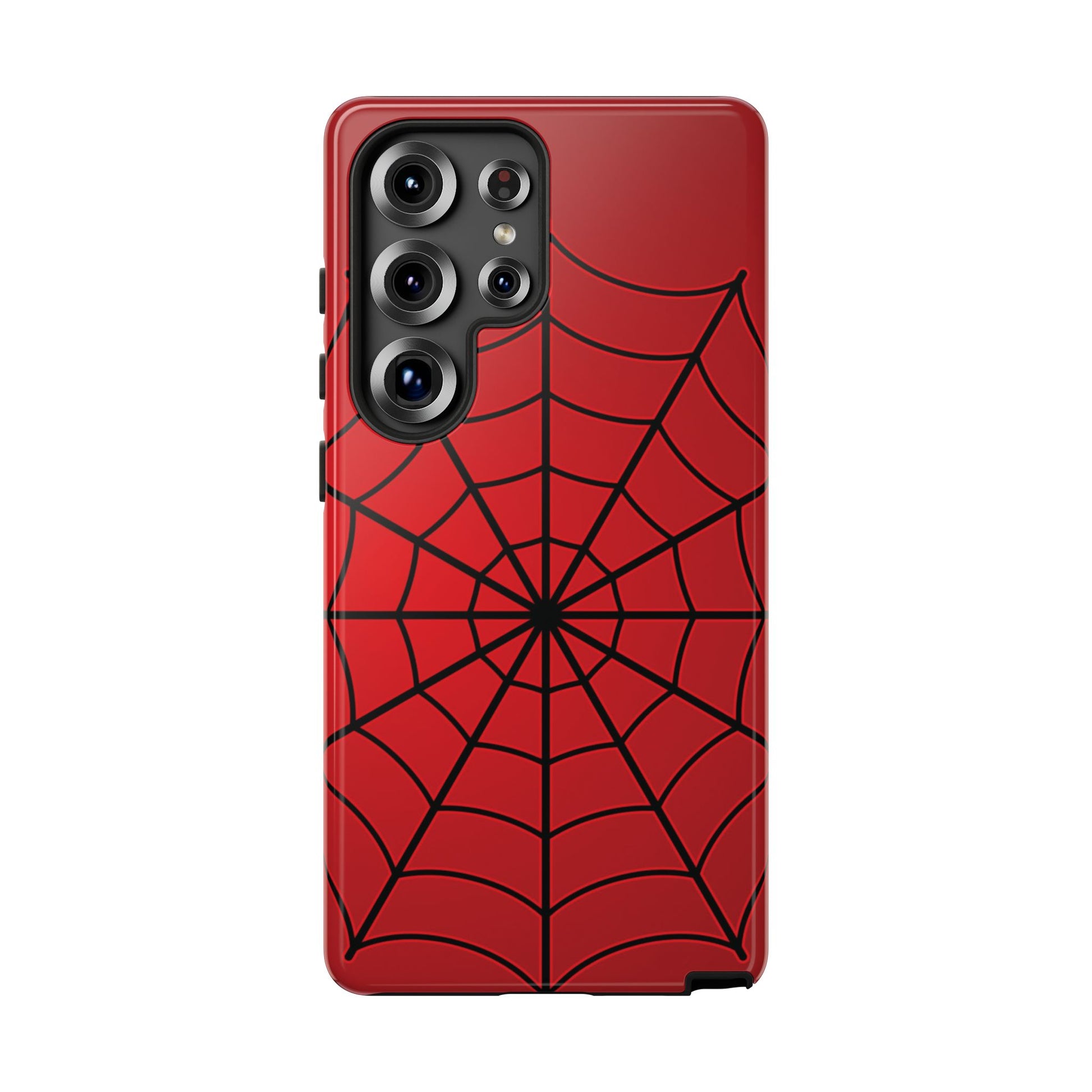 Red Samsung phone case with black spiderweb design – bold superhero-style cover for comic fans and action-themed phone accessories