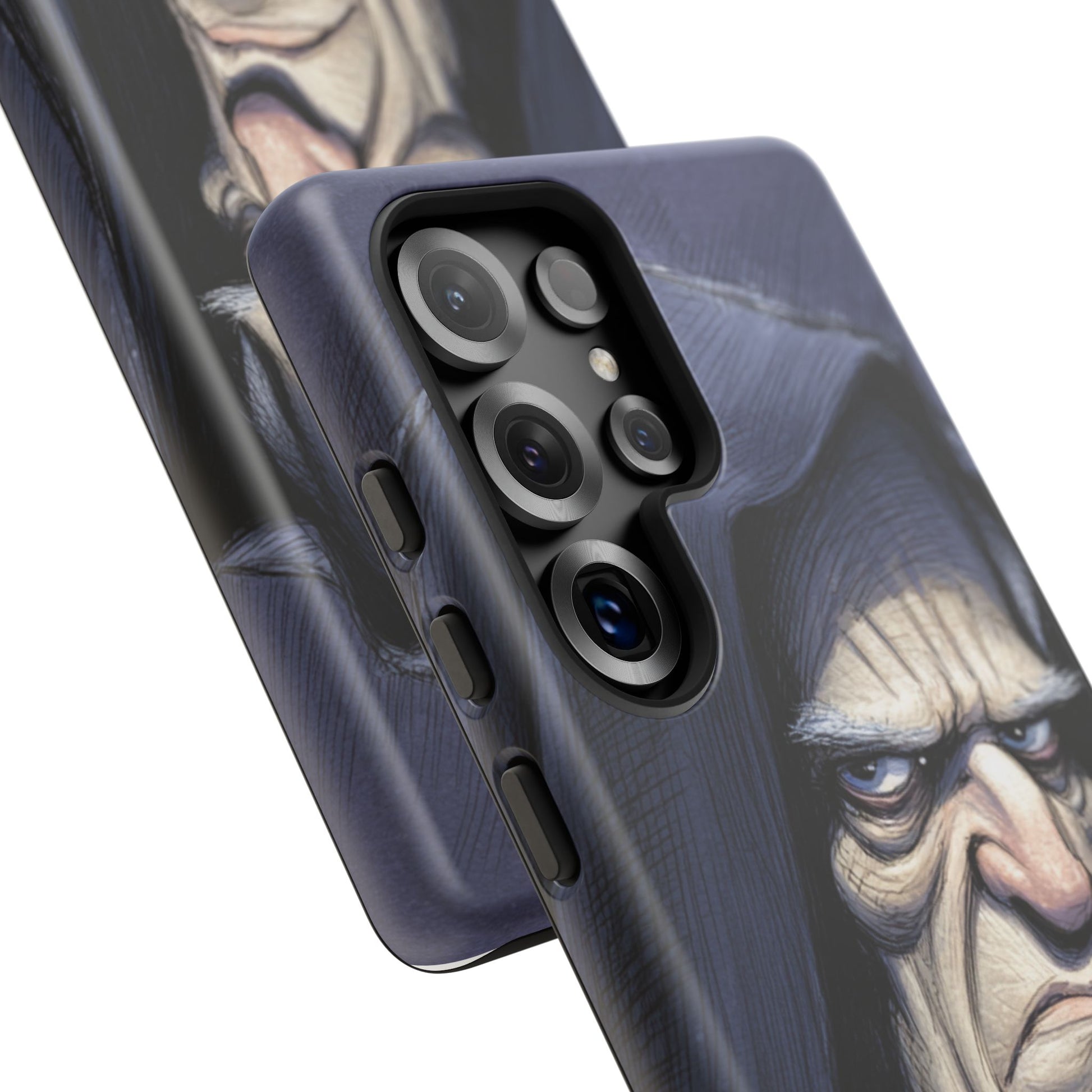 Side view of Samsung gothic villain phone case – angled shot showing dark hooded antihero design and shockproof edges for fantasy and gothic style fans